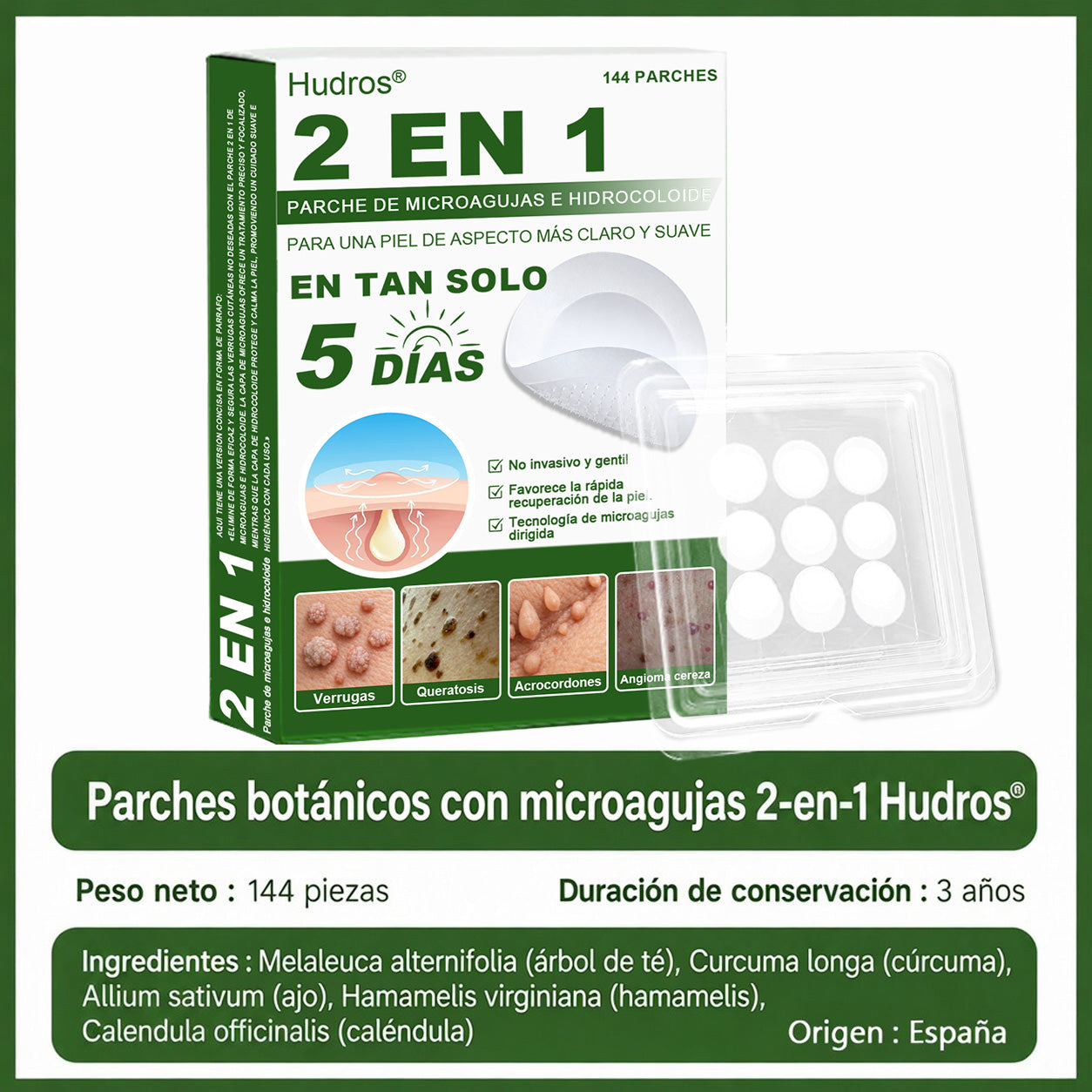 🇪🇸 Hudros® 😮‍💨 Parche 2 en 1 Microneedle Botanic 🧪| Eliminador de Lunares Elevados, Acné, Verrugas Planas y Pápulas de la Piel | Mejora Arrugas, Cicatrices y Manchas | Parches Invisibles para Espinillas en Cara y Cuerpo | 144 Unidades✨