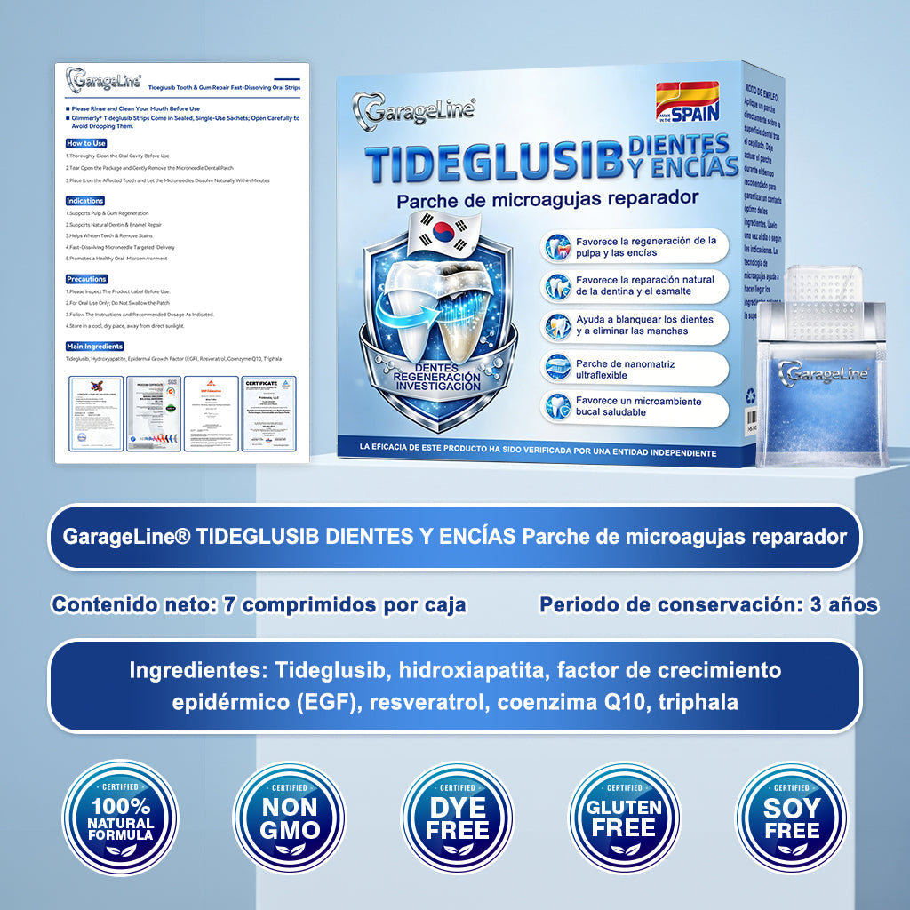 GаrаgеLіnе® 🦷 Tiras Orales de Reparación Rápida de Dientes y Encías con Tideglusib 😁 (Ayuda a reparar los dientes y alivia las molestias en las encías, además de apoyar la salud bucal frente a otros problemas comunes)